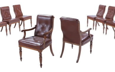 EIGHT ENGLISH OAK DINING CHAIRS WITH FAUX LEATHER UPHOLSTERY C...