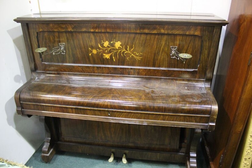 Early 20th Century upright rosewood framed piano, with marquetry inlay, Mann Bros of Colchester