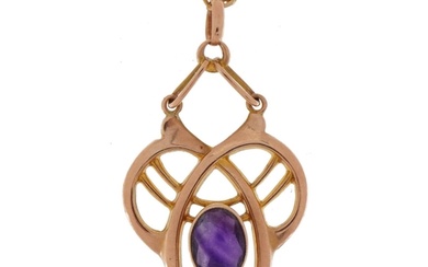 Edwardian 9ct rose gold and amethyst openwork pendant on a 9...