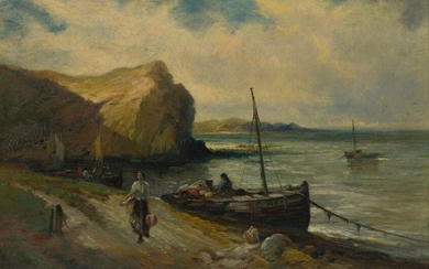 Edwin Ellis, RBA, British 1841-1895- A coastal view with fisherfolk moored on the shore; oil on canvas, indistinctly signed (lower left), with a sketch of a woman standing by a lake (verso), 51 x 76.5 cm. Provenance: Private Collection, UK. Note:...