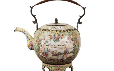 Enamel Export tea kettle on stand Chinese, circa 1800 painted...