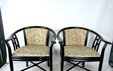 Exceptional pair of black lacquered club chairs with gold-colored textile floral seat Approx. 1960 - Chair (2) - Lacquer, Textiles, Wood