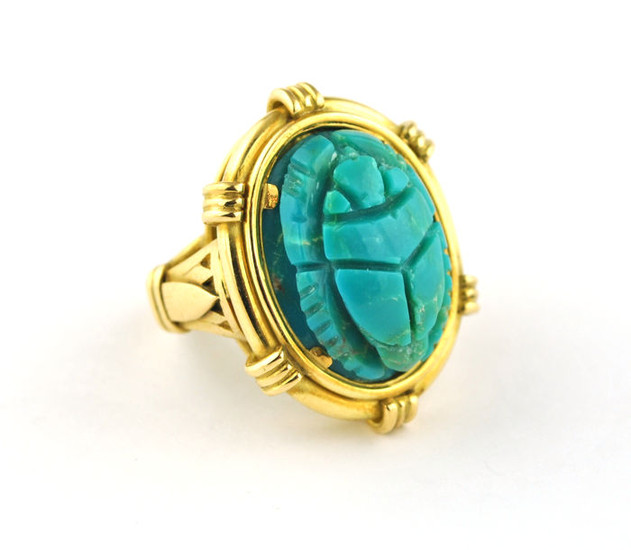 Exclusive Hand Sculpted Scarab- 18 kt. Yellow gold - Ring Turquoise