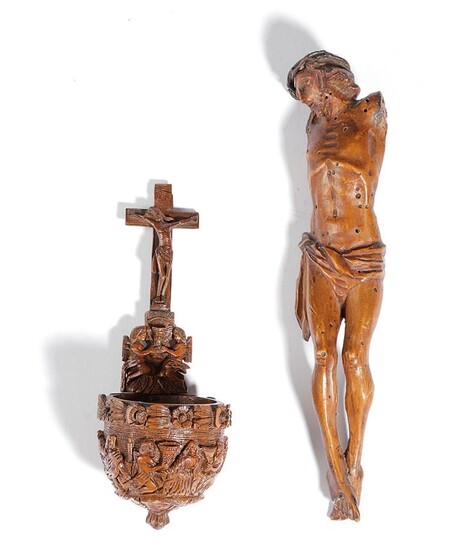 FIGURINE DE CORPUS CHRISTI EN BOIS CONTINENTAL sculpté, 17e SIÈCLE, ainsi qu'un bénitier en écorce...