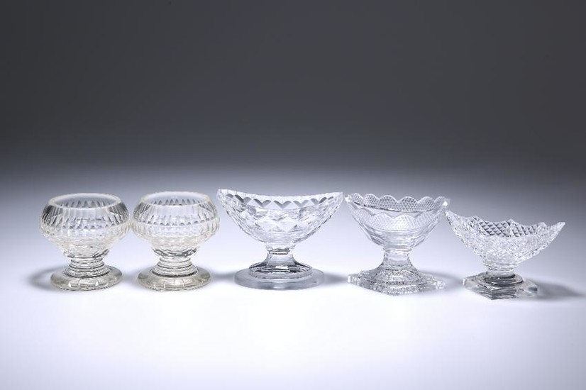 FIVE GEORGE III AND LATER CUT-GLASS SALTS, comprising a