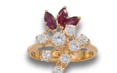 FLOWER RING, 60'S STYLE, DIAMONDS, RUBIES AND YELLOW GOLD