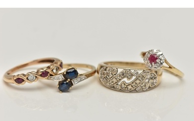FOUR GEM SET RINGS, to include an open work diamond set band...