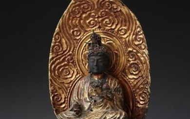 Figure, Okimono - Copper, Gilt, Wood - Very fine figure of Kokuzo Bosatsu (bodhisattva) - Japan - Edo Period (1600-1868)