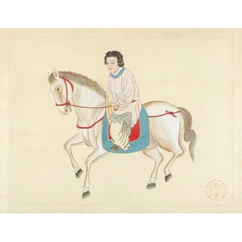 Figure on horseback, Chinese painting on silk with red seal ...