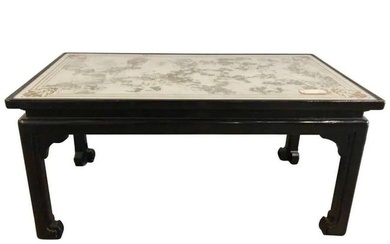 Finely ebonized coffee or cocktail table, in the chinoiserie manner. The rectangular mirrored top