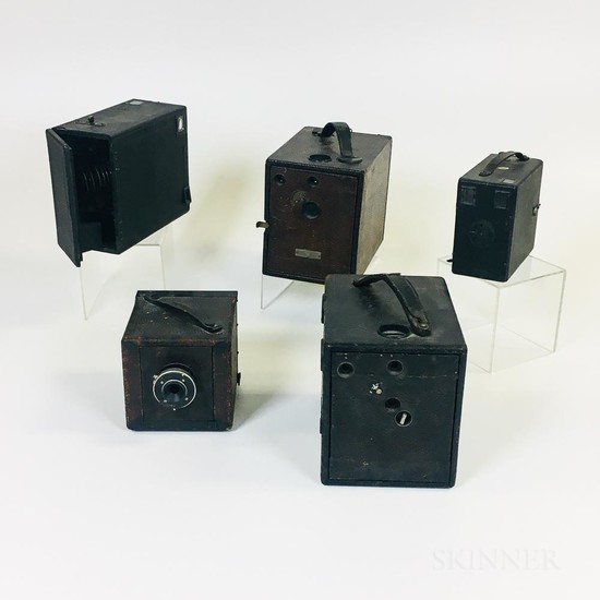 Five Falling Plate Cameras, two "Magazine Cyclone " 4 x 5 cameras: No. 3 and No. 5; and three unmarked cameras.