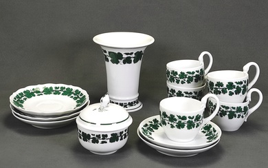 Five mocha cups with saucers as well as vase and sugar bowl, Knauf and sword mark Meissen, various