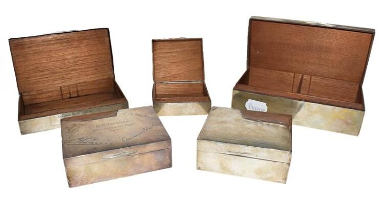 Five various silver cigarette-cases, each wood lined (5)