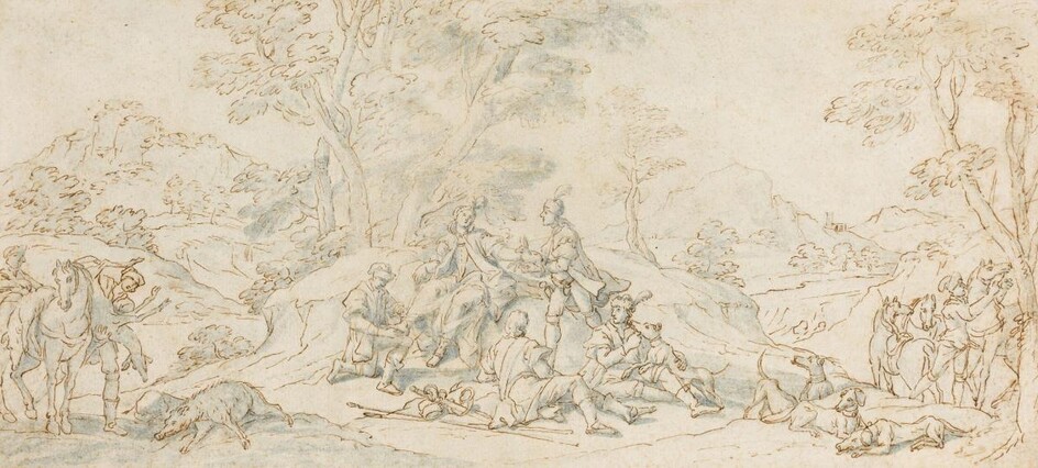 Flemish School, 17th century- After the hunt; black chalk, pen and brown ink, and watercolour on paid paper, 19.7 x 39.5 cm., (unframed). Provenance: Private Collection, UK.