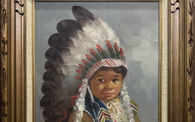 Fred Stone Original Oil on Canvas Native American Inuit Child in Headress Portrait Painting