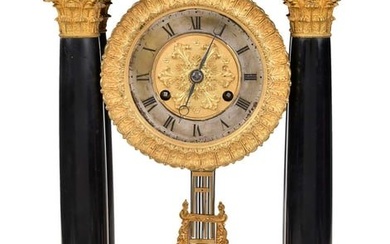 French Ebony Marble and Gilt Bronze Portico Clock