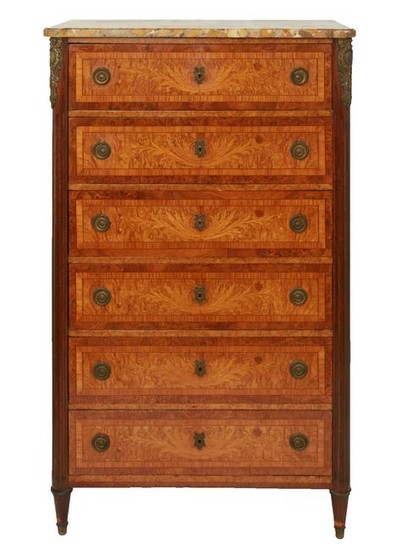French Marquetry Tall Dresser with Marble Top