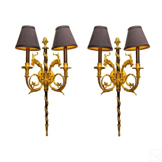 French Pair Dore Bronze Two Arm Lamp Wall Sconces
