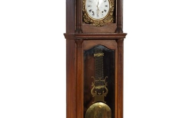 French Provincial Grain Painted Oak Morbier Clock, 19th c., H.- 94 in., W.- 25 in., D.- 12 in.