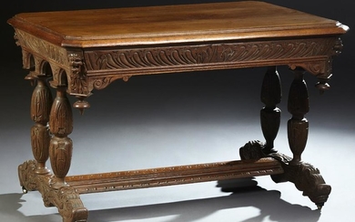 French Provincial Henri II Carved Oak Library Table, c.