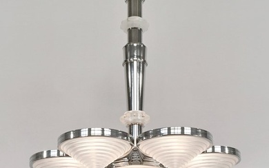 French art deco chandelier by Georges Leleu - Chandelier - Glass, nickeled brass and bronze