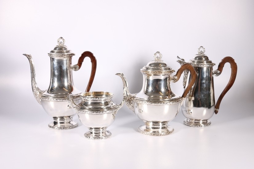 French silver metal (untested) four piece tea set, bust of M...