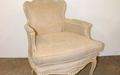 French style double cane upholstered arm chair has some staining