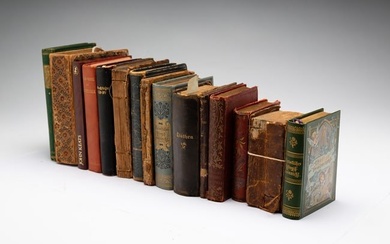 GROUP OF 15 SMALL ANTIQUE BOOKS, 3.5 - 5.5" TALL