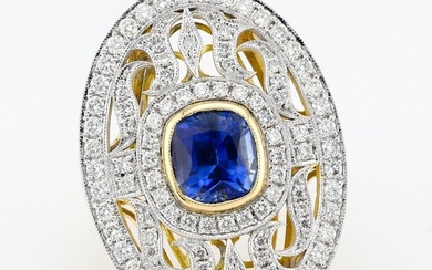 [GRS Certified] - (Blue Sapphire) 2.35 Cts - (Diamond) 1.09 Cts (110) Pcs - 18 kt. Bicolour - Ring
