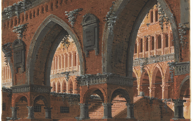 Gaspare Galliari (Treviglio 1761-1823 Milan), Stage set design of a partly overgrown rotunda seen from under an arch (i); Stage set design of a palace façade seen from under a bridge with Gothic arches (ii)