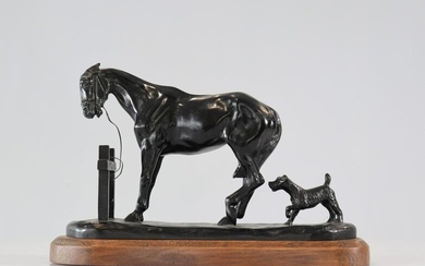 Gaston D'ILLIERS (1876-1932/52) Bronze "horse and dog at the barrier"