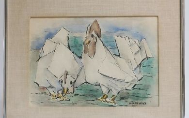 George Constant - 2 Hens, watercolor