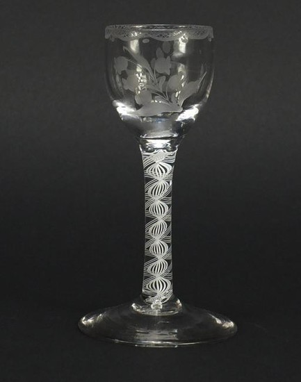 George III wine glass with air twist stem and etched