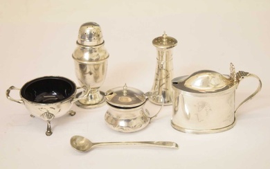 George V silver twin-handled salt, and a quantity of silver cruets