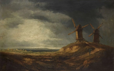 Georges Michel, French 1763-1843- A dune landscape with windmills; oil...