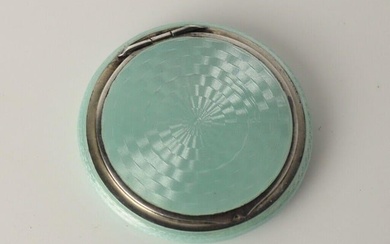 German Sterling Silver Guilloche Enamel Powder Compact light mint green C1910.
