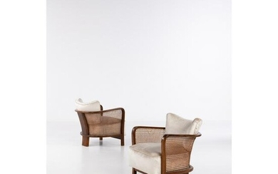 Gio Ponti (1891-1979) Pair of armchairs Walnut, caning and fabric Edited by Casa & Giardino Model