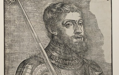 Giovanni Britto. Portrait of Charles V. Large woodcut depicting the emperor in armor and holding a