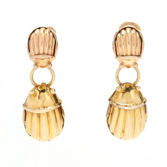 Gold Beetle Dangle Earrings, signed