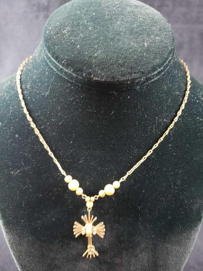 Gold Colored Crucifix Necklace with Faux Pearls Lot 1