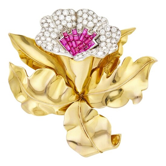 Gold, Platinum, Ruby and Diamond Flower Clip-Brooch, France