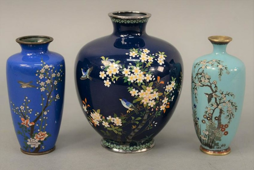 Group of three blue cloisonne enamel vases, Japan