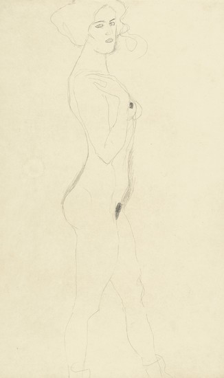 Gustav Klimt (1862-1918), Schreitende nach rechts, die rechte Hand an der Schulter, das Gesicht dem Betrachter zugewendet