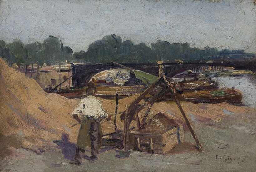 H Sivry, French, mid-late 19th century- Workmen along The Seine with a bridge in the distance; oil on panel, signed 'H Sivry.' (lower right), 15.6 x 23 cm., (unframed). Provenance: Anon. sale, Christie's South Kensington, 22 July 1993, lot 114.;...