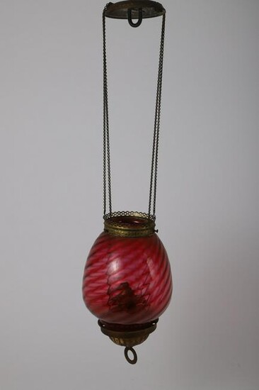 HANGING HALL LAMP with CRANBERRY GLASS SHADE