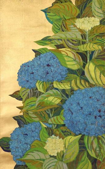 Hanging scroll (1) - Silk, Wood - Ito Manyo (1921-1970) - Magnificent blue hydrangea scroll - Japan - Shōwa period (1926-1989)