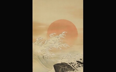 Hanging scroll painting - Silk - The Rising Sun and the Waves - Nishiyama Kan'ei (1834-1897) - 'Hinode' 日の出 (Rising sun) over waves - With signature 'Kan'ei' 完瑛 - Japan - Meiji period (1868-1912)