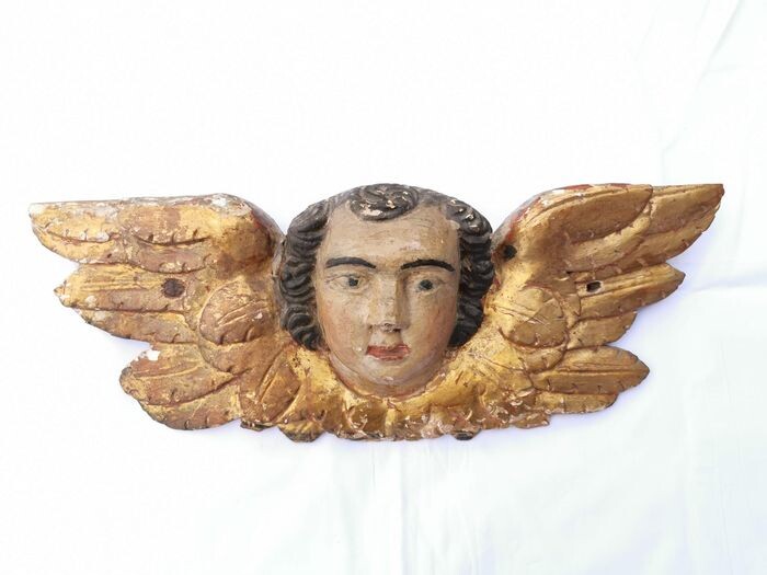 Head of angel putti cherub. - Carved, gilded, polychrome wood - Baroque - Wood - 18th century