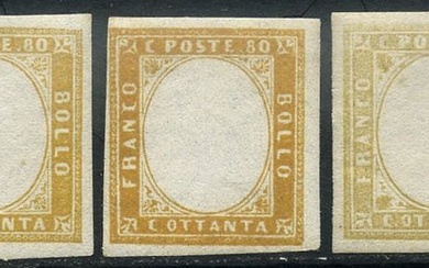 Italian Ancient States - Sardinia 1855/1863 - 80 cents without effigy, three interesting shades. Natural stamps with wide margins. Beautiful - Bolaffi 14B