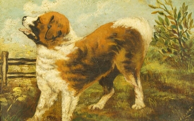 J Partridge, British school, early 20th century- Study of a dog with a gate beyond; oil on canvas, signed lower right, 25.7 x 35.7 cm.